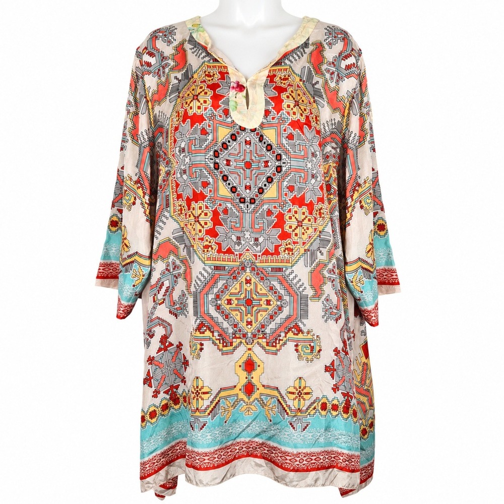 Johnny Was Top 1X Colorful Geometric Floral Silk Boho Chic Art to Wear Lagenlook